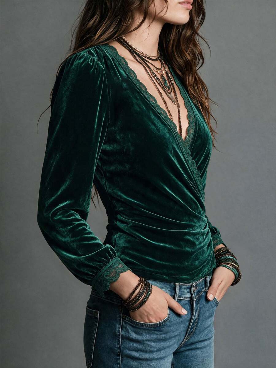 Trelyra Solid Velvet Lace Trim Wrap Ruched Waist Top - Green - View 1