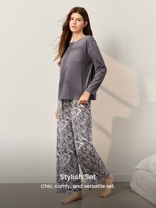 LUVLETTE Fall Gray Cotton Pajamas Contrast Color Wide Leg Drawstring Soft Round Neck Long Sleeve Pajama Set Now Trending Cozy Women Sleepwear Homewear Graphic - Grey - View 10
