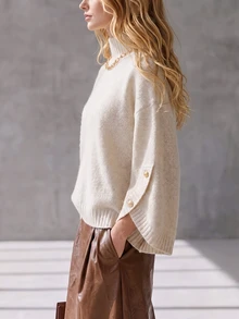 EMERY ROSE Women's Loose Half-High Neck Cape Sweater, Split Button Wide Sleeve, Soft Faux Alpaca Knit Pullover, Casual Autumn/Winter - Apricot - View 3