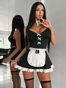 SHEIN Women's Maid Costume Milk Silk Ruffle Camisole Dress With Choker And Fishnet Stockings 5pcs Set - Black and White - View 3