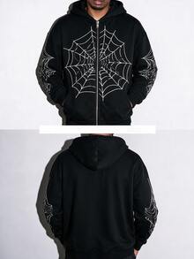 AKNOTIC Loose Men Spider Web Print Zip Up Hoodie Without Tee - Black - View 4