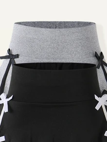 SHEIN 女童 3 件組 寬腰帶對比條紋蝴蝶結側邊 2 合 1 裙褲 - 黑色 - 查看 6