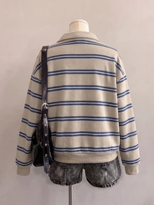 SHEIN EZwear 大尺碼女款休閒半拉鍊寬鬆條紋衛衣，秋冬女裝，返校穿搭，2026秋冬系列，休閒風，Y2K風格，通勤穿搭，基礎款，西部牛仔風，復古風，返校季，外出，校園風，半拉鍊衛衣 - 白色 - 查看 2