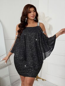 Femmeverse Plus Size Women's Knit Patchwork Chiffon Fitted Short Dress - Black - View 5