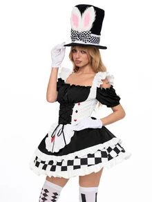 ROMWE Anime Váy mini nữ cosplay Alice Halloween hở vai, dây áo mảnh, phối màu caro - màu đen - Xem 6