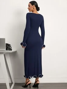 MaterniWear Đầm bầu công sở thanh lịch phối viền tương phản cho mùa thu - Xanh đậm - Xem 6