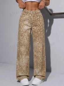 SHEIN Tall 女款豹紋口袋水洗直筒牛仔褲，高個女性適用 - 彩色 - 查看 4