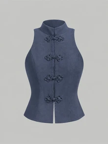 SHEIN MOD 優雅青蛙鈕扣掛脖上衣與直筒長褲套裝 - 霧霾藍 - 查看 6