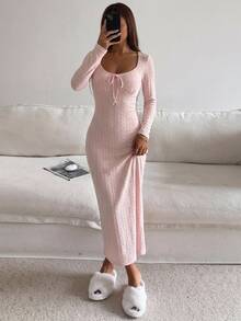 DAZY Floral Print Fitted Square Neck Long Sleeve Cinched Waist Long Dress Nightgown For Women - Pink - View 3