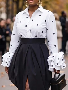 SHEIN CURVE+ Plus Size Women's Polka Dot Elegant Blouse, Single-Breasted Ruffle Cuff Casual Top, Suitable For Autumn/Winter, Fashionable For Commuting, Office Or Party Outings - White - View 5