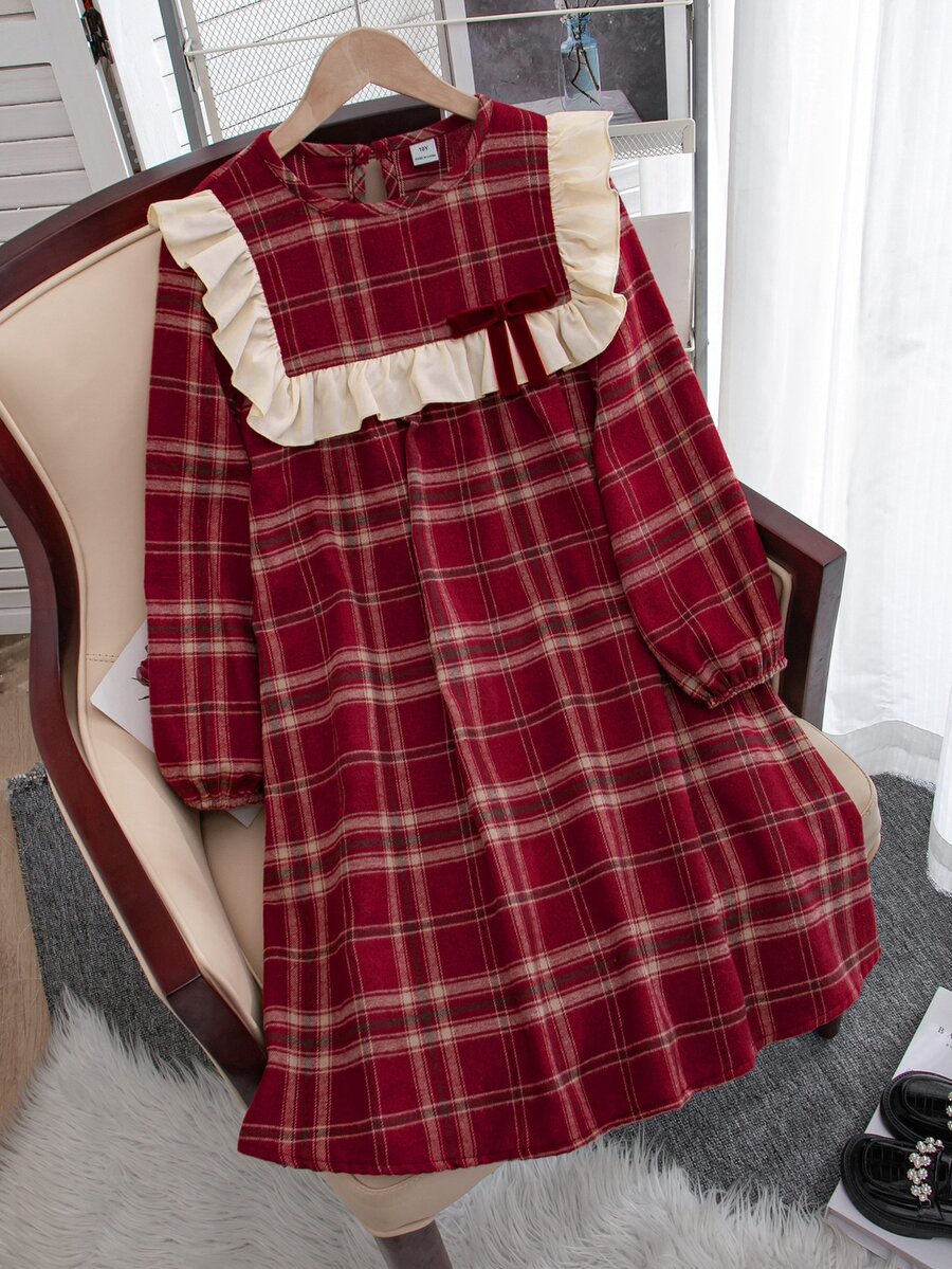SHEIN Tween Girl Plaid Print Contrast Ruffle Trim Lantern Sleeve Dress - Red - View 1