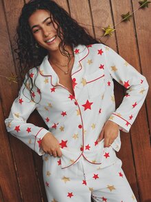 Esseday Star Print Contrast Piping PJ Set - White - View 2