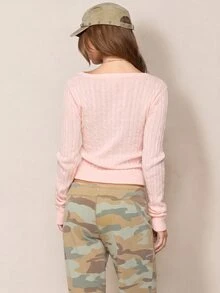 Rina Fox Scoop Neck Half Button Front Crop Cable Knit Sweater - Baby Pink - View 2