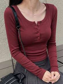 DAZY 女款純色百褶修身百搭日常休閒長袖T恤 - 粉色 - 查看 3