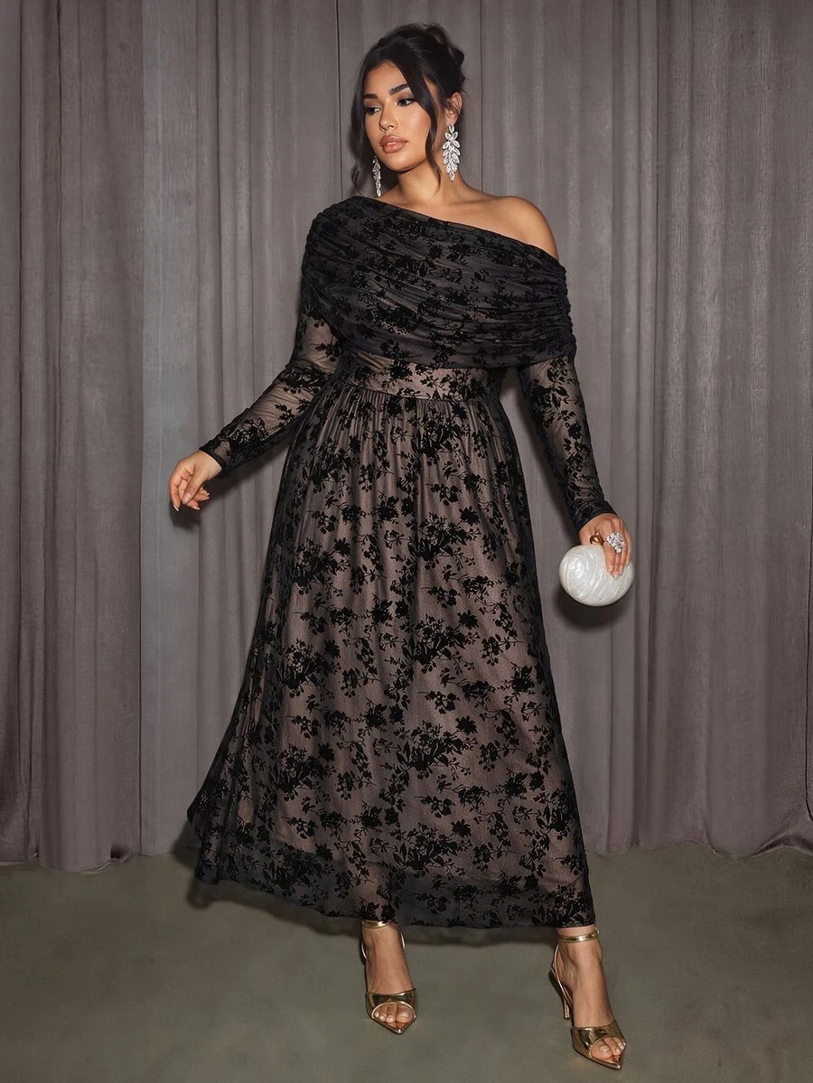 Firerie Plus Size Women's Asymmetrical Shoulder Ruched Long Sleeve Flocked Mesh Elegant Dress