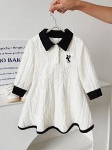 SHEIN Baby Girl Knight Embroidery Polo Collar Long Sleeve Casual Dress - White - View 1