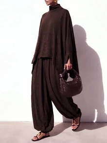 Zivah Women's Minimalist Textured High Neck Cape Top And Cuffed Lantern Pants 2 Pieces Set - Brown - View 1