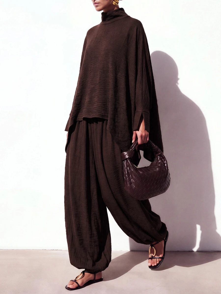 Zivah Women's Minimalist Textured High Neck Cape Top And Cuffed Lantern Pants 2 Pieces Set - Brown - View 1