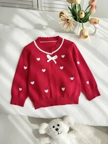 Baby Girl Embroidery Heart Pattern Bow Front Sweater - Red - View 4