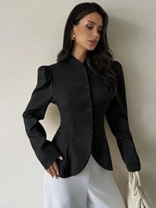 Firerie 女款法式優雅鈕扣花瓣袖西裝外套 - 黑色 - 查看 7