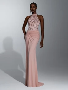 Elitara Elegant Dark Pink Sequin Patchwork Knit Stand Collar Backless Ruched Mermaid Skirt, Suitable For Wedding, Wedding Party, Vacation, Date, Party, Wedding Event, Formal Occasion, Evening Dress - Dusty Pink - View 6