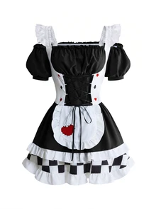 ROMWE Anime Váy mini nữ cosplay Alice Halloween hở vai, dây áo mảnh, phối màu caro - màu đen - Xem 3