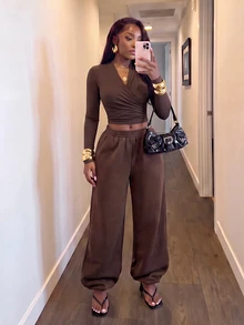 Slaydiva Women's Cross-Cut Cropped Long Sleeve Top And Elastic Waist Pants 2 Pieces Set - Brown - View 5