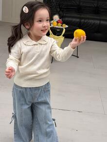 Dazy Kids Sweater Kasual Lengan Panjang Warna Polos untuk Bayi/Balita (Perempuan) dengan Kerah, Musim Gugur/Dingin - Putih - View 5