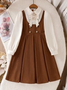 SHEIN 女童拼色翻領燈芯絨洋裝，優雅復古風，適合派對、學院風及其他場合，春秋休閒穿著 - 棕色 - 查看 4