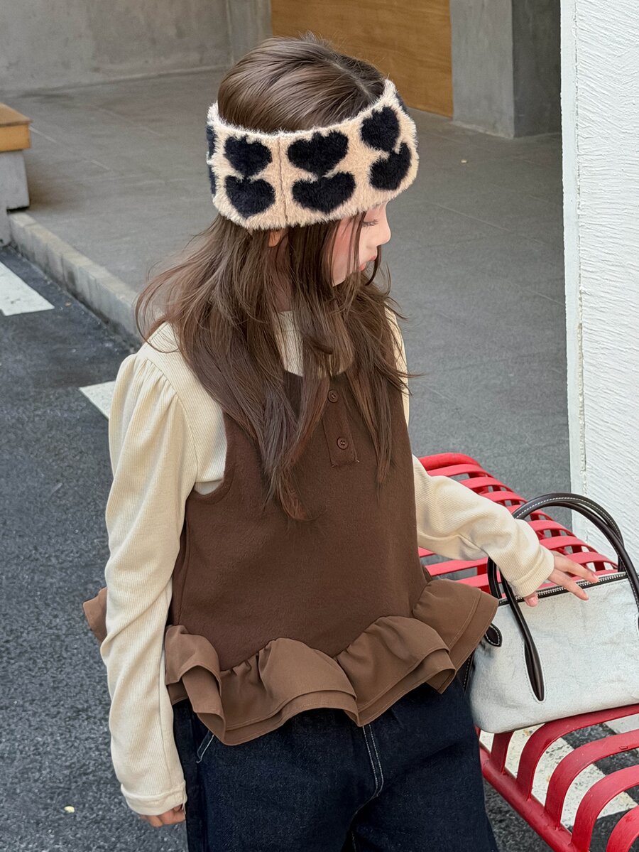 Dazy Kids Tween Girl) Sleeveless Round Neck Pullover Tank Top With Frill Trim Cute Top + Inner T-Shirt 2pcs Set - Coffee Brown - View 1