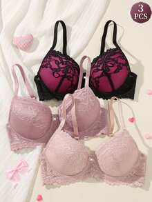 DesireSculpt 3件組女性蕾絲無鋼圈內衣，情人節款 - 彩色 - 查看 1