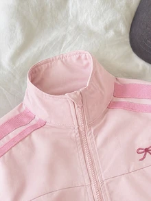 SHEIN 女童小女孩拼色條紋拉鍊外套配蝴蝶結、鬆緊腰長褲，復古套裝，日常穿著校園開學裝 - 淺粉色 - 查看 3
