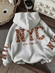 SHEIN 女款常規袖羅紋針織連帽套頭衫，豹紋字母圖案白色休閒運動衫 - 灰色 - 查看 1