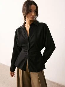 ATUI Studio Women's Solid Color Batwing Long Sleeve Single-Breasted Casual Shirt - Black - View 3