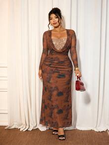 Cravure Plus Size Allover Print Draped Collar Contrast Sequins Ruched Mesh Bodycon Dress Winter - Brown - View 3