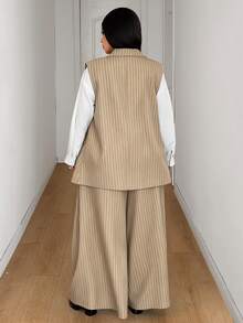Mawevolt Plus Size Women's Button Striped Vest Jacket And Loose Long Pants Suit Set - Khaki - View 6
