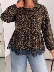 Shapeblank Casual Leopard Print Fabric Contrast Lace Trim Plus Size Round Neck Long Sleeve Blouse, Suitable For Autumn/Winter, Coffee Color Top - Brown - View 3
