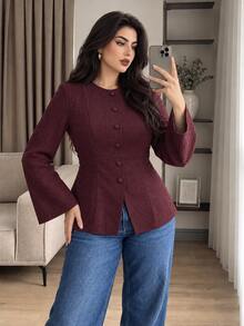Solavon Plus Button Front Flounce Sleeve Blouse - Burgundy - View 1