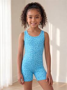 SHEIN Young Girl Leopard Print Crisscross Backless Activewear Sports Romper - Blue - View 2