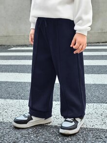 SHEIN Bubblio 兒童小男孩純色抽繩腰寬腿寬鬆休閒運動長褲 - 藏蓝色 - 查看 4