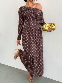 Firerie Plus Size Women's Autumn/Winter Long Sleeve Polka Dot Print Brown Asymmetrical Shoulder Dress - Multicolor - View 6