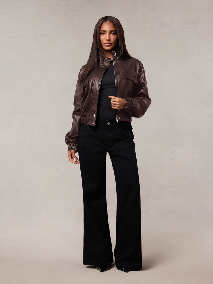 Radiana Women's Motorcycle PU Leather Jacket, Loose Fit, High-End Black Stand Collar Vintage Jacket, Niche Elegant Jacket, Motorcycle/Racing/Aviator Jacket, Autumn/Winter Season Clothing, Versatile Outerwear - Brown - View 3