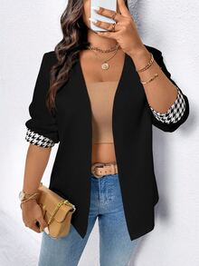 SHEIN LUNE CURVE Plus Size Women Casual Long Sleeve Blazer Jacket With Leopard Print Patchwork - Black - View 5