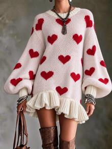 LUMIGAL Women's Polka Dot Lantern Sleeve Ruffle Hem Knit Dress - Red and White - View 4