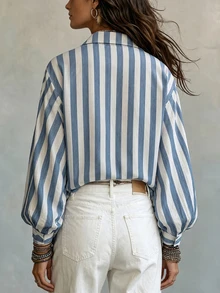 SHEIN Tall Kemeja Wanita Bergaris Kasual Serbaguna untuk Pemakaian Sehari-hari - Blue and White - View 2