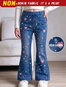 SHEIN 4-7歲女童丹寧風喇叭褲，愛心與鑽石印花設計，甜美可愛風格，春/秋季 - 黑色 - 查看 3