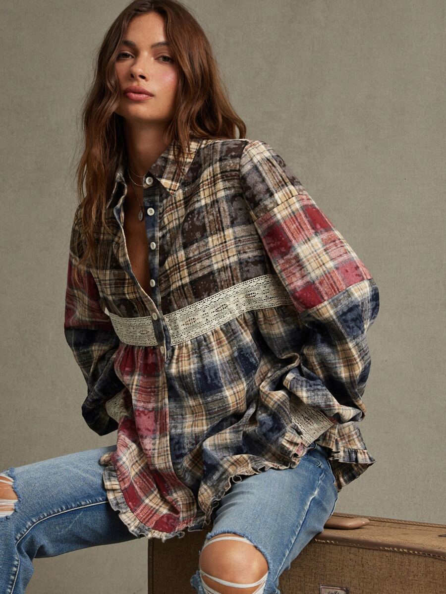 WESTFADE Patchwork Multicolor Plaid Flannel Blouses & Shirts, Fall, Autumn, Winter, Cowgirl, Western, Country Concert, Boho, Cute, Festival, Thanksgiving - Multicolor - View 1
