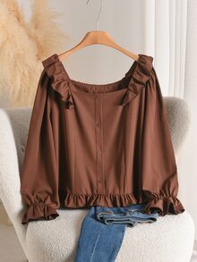 CosyJoli Kemeja Kasual Serbaguna untuk Wanita Ukuran Besar dengan Warna Polos, Cocok untuk Pemakaian Sehari-hari - Coklat - View 1