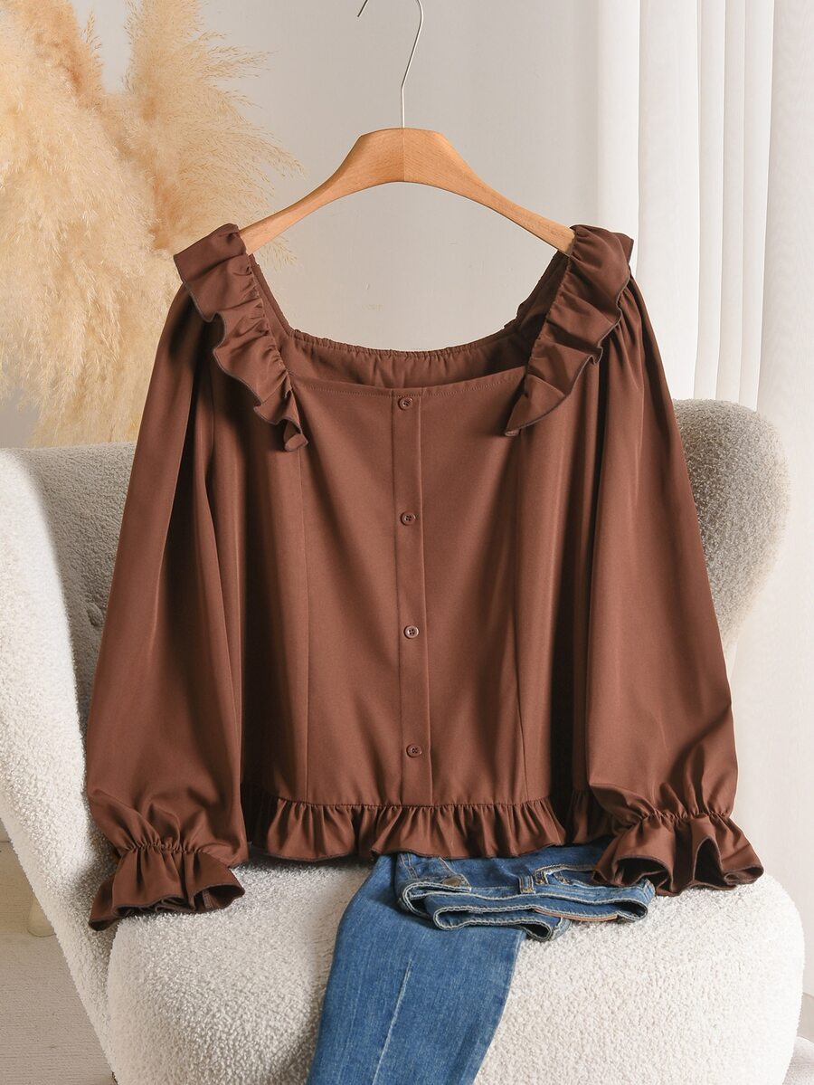 CosyJoli Kemeja Kasual Serbaguna untuk Wanita Ukuran Besar dengan Warna Polos, Cocok untuk Pemakaian Sehari-hari - Coklat - View 1