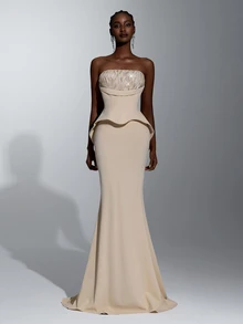 Elitara Elegant Minimalist Khaki Sequin Embroidered Patchwork Knit Tube Top 2 In 1 Mermaid Tail Skirt With Train, Suitable For Formal Occasions And Evening Gowns - Khaki - View 7